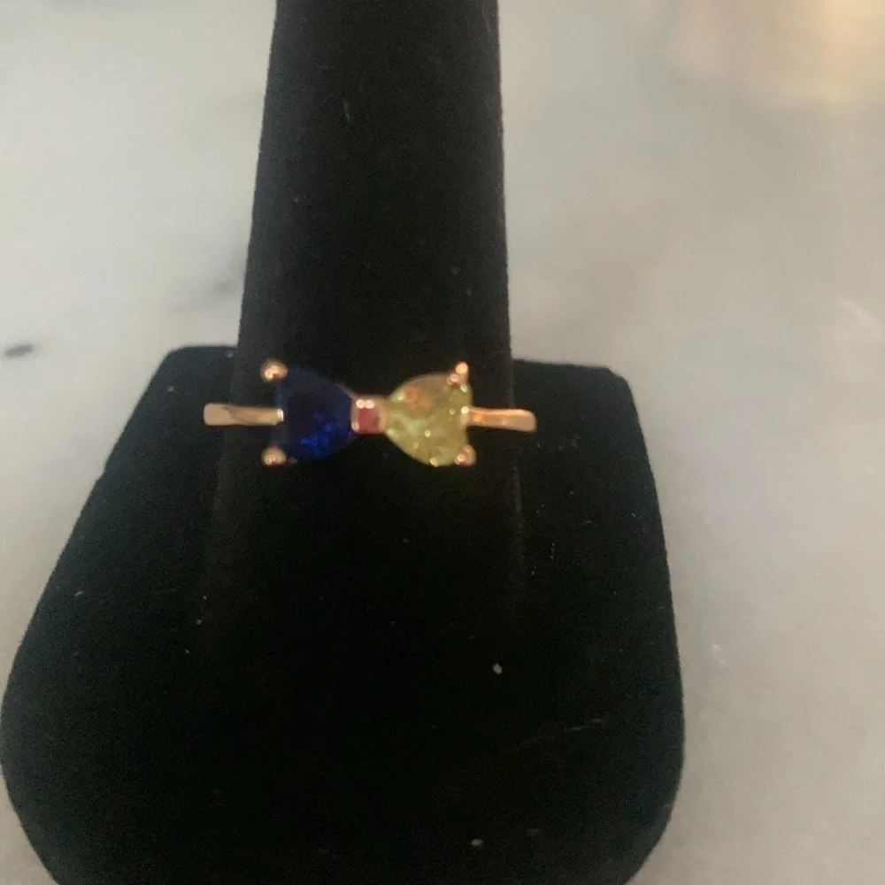 NEW  HIGH END 18k Rose Gold Plated Hearts Ring with Blue and Yellow Stones. #8